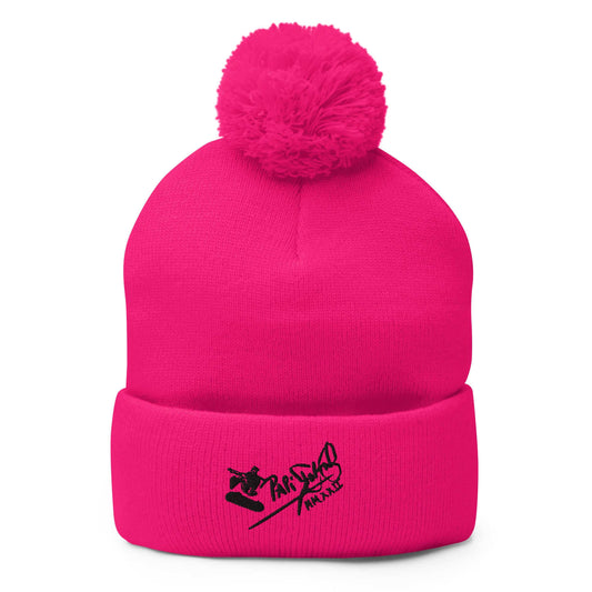 PapiJohn® The Skate Signature Pom-Pom Beanie in high-voltage neon pink front view accentuating the vibrant color canvas and crisp embroidered skate icon by $arah Free 💎 | Wearable Art Fashion