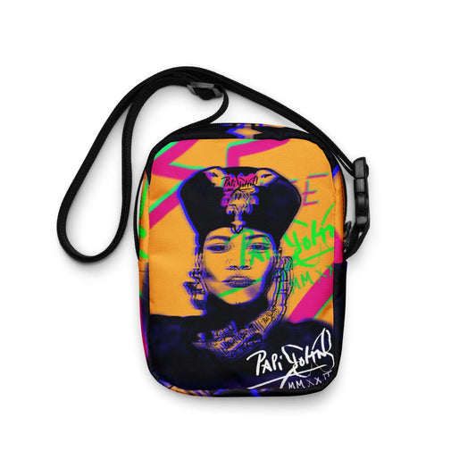 PapiJohn® Queen Diva Crossbody Bag Studio Essentials clean front view featuring the wearable art fashion Queen portrait and electric blue graffiti over solid mustard backdrop by $arah Free 💎