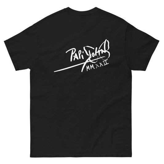 camiseta negra por detrás con la Firma papijohn en blanco