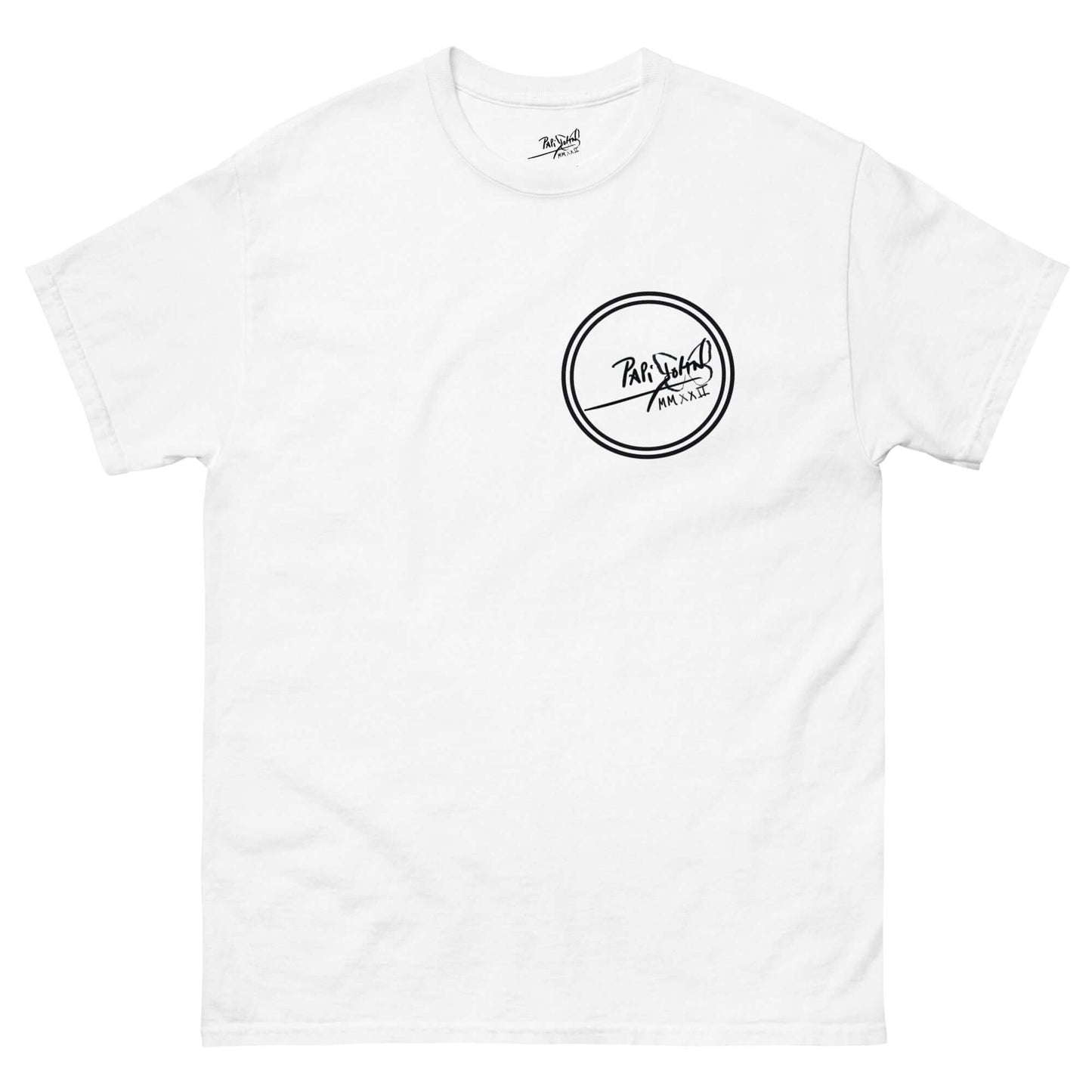 camiseta papijohn firma logo redondo blanca