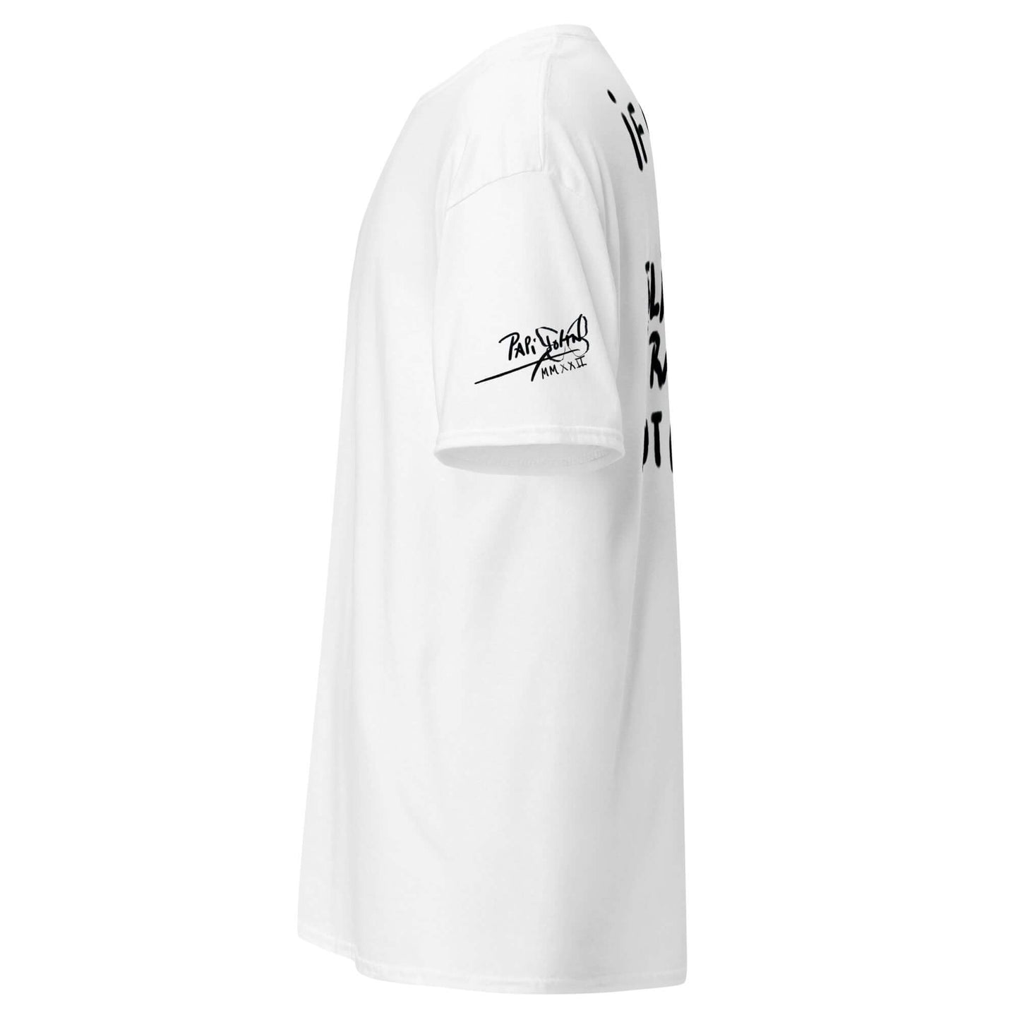 camiseta blanca con firma papijohn en manga izquierda