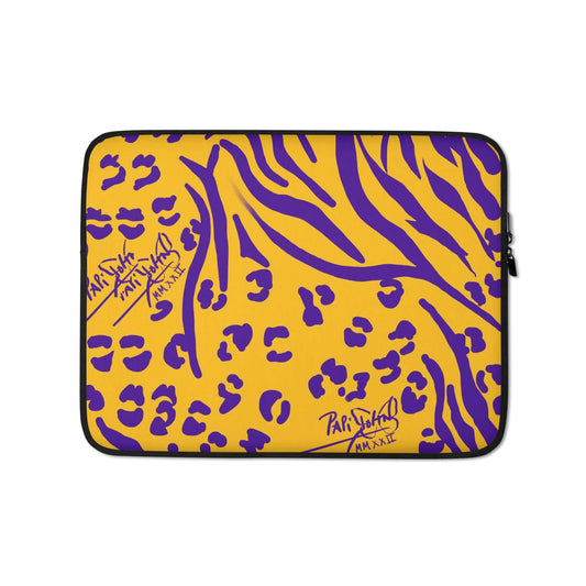 PapiJohn® Animal Lakers Laptop Sleeve Studio Essentials protective neoprene canvas back view showcasing the seamless organic purple leopard and mustard pattern layout by $arah Free 💎 | Artist-Driven Streetwear