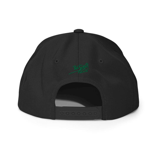 PapiJohn® The Green Signature Classic Snapback in solid black back perspective focusing on the high-profile reinforcement stitch lines and classic plastic snap buckle | Artist-Led Streetwear