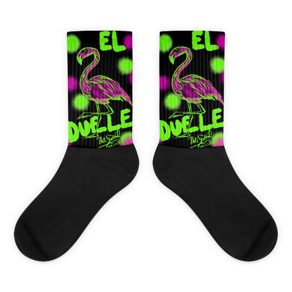 PapiJohn® El Flamenco Duele Studio Essentials premium apparel featuring a majestic purple neon flamingo graphic with bold custom spray graffiti typography artwork by $arah Free 💎 | Wearable Art Fashion