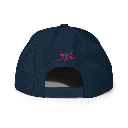 PapiJohn® The Pink Signature Classic Snapback in deep dark navy back layout tracking the premium high-profile multi-panel seams and custom adjustable sizing strap | Artist-Led Streetwear