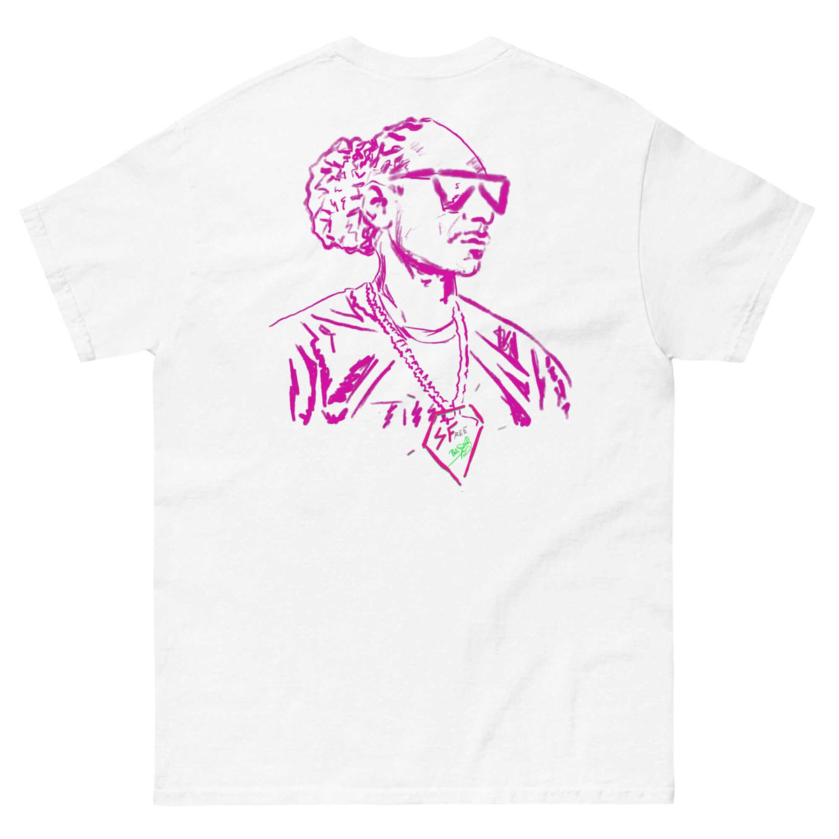 PapiJohn® 🏛️ Sala 5 | The Diamond Legacy | Special Edition — Back view of the White Canvas Tee. Showcasing the iconic West Coast silhouette in a vibrant fuchsia outline, featuring a legendary rhythm figure wearing the Rapper's Diamond chain by $arah Free 💎. A gallery-level archive piece merging classic hip hop bling with honest luxury apparel.
