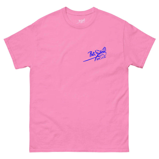 PapiJohn® 🏛️ Sala 5 | The Neon Blue Marathon — Front view of the Azalea Canvas Tee with a blue classic house signature on the chest. Streetwear d'auteur.