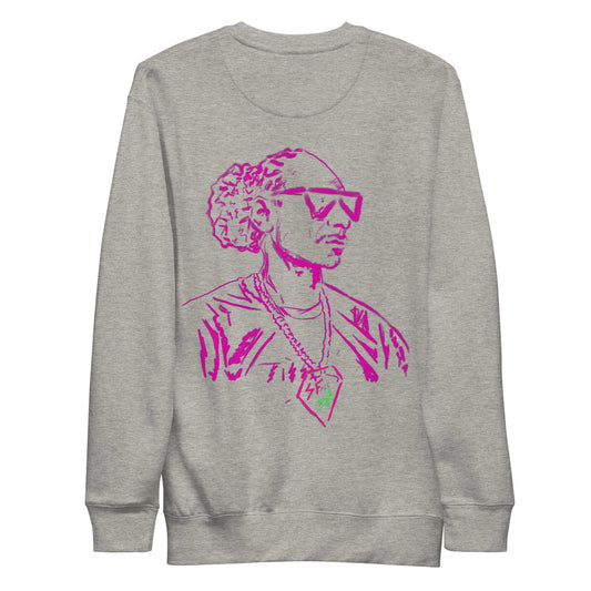 PapiJohn® 🏛️ Sala 5 | The West Coast Legacy | Premium Fleece Canvas — Back view of the Carbon Grey Crewneck. Highlighting an analog neon pink pilot sketch of an old school rap legend by $arah Free 💎. Honest luxury apparel merging classic West Coast street culture with flawless architectural drape.