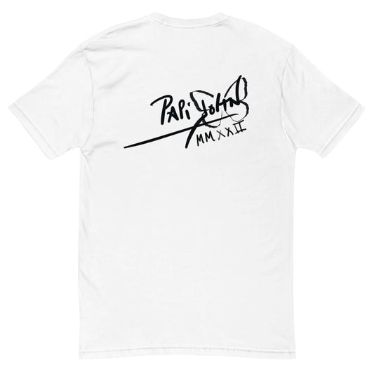 PapiJohn® 🏛️ Sala 6 | Guitar Genius Graff | Slim Studio Piece — Back view of the White Canvas Tee. Showcasing an essential performance sketch in pure black ink by $arah Free 💎, capturing a guitar legend in pure improvisation. Enclosed by a dynamic graffiti halo frame with a handwritten "GENIUS" aura on pristine white cotton. High-contrast minimalism and honest luxury apparel.