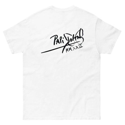 PapiJohn® 🏛️ Sala 6 | Low End Genius | Action Sketch Piece — Back view of the White Canvas Tee. Showcasing an out-of-the-box action portrait of a gravity-defying bass genius by $arah Free 💎. A masterful chiaroscuro jazz vibe merging fine pilot strokes with dense black graffiti spray on pure white cotton. Authentic conscious art and honest luxury streetwear gestated in Cadifornia.