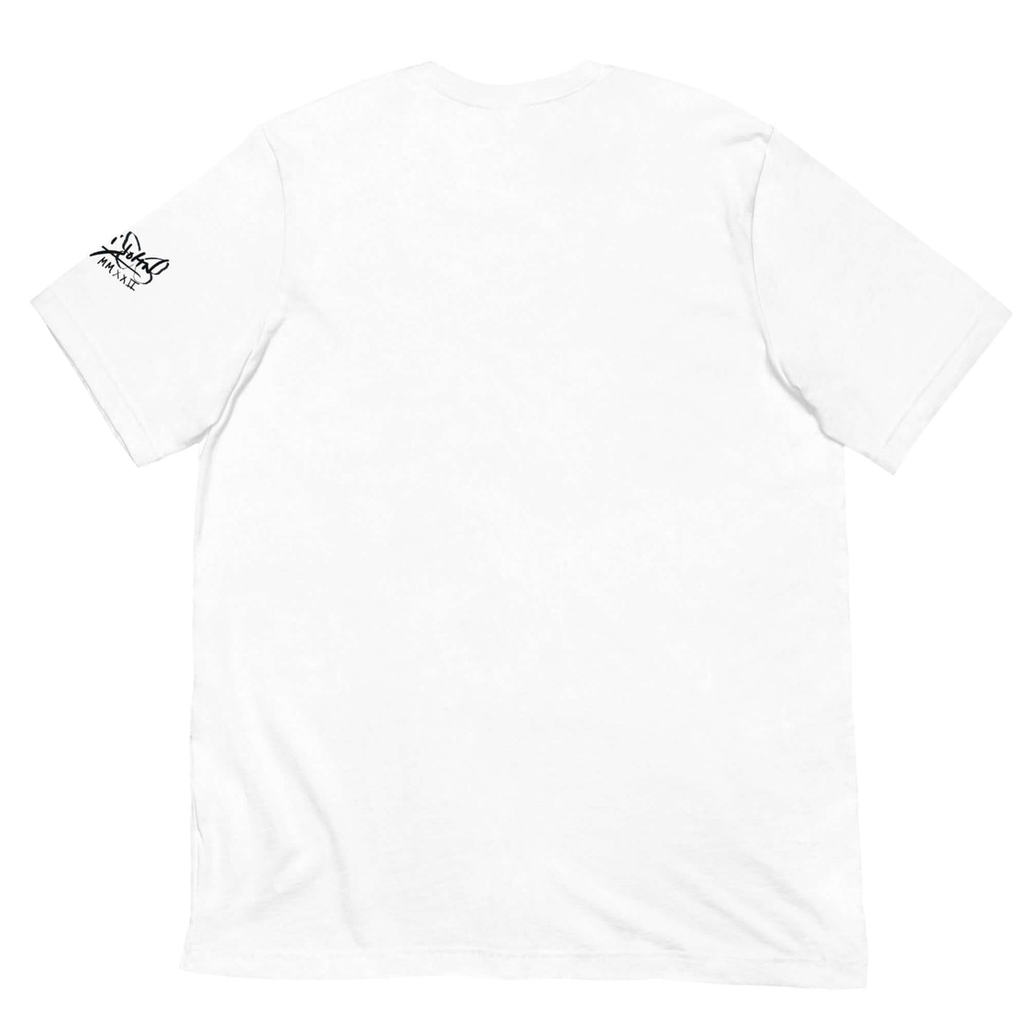 camiseta blanca con firma papijohn en manga izquierda