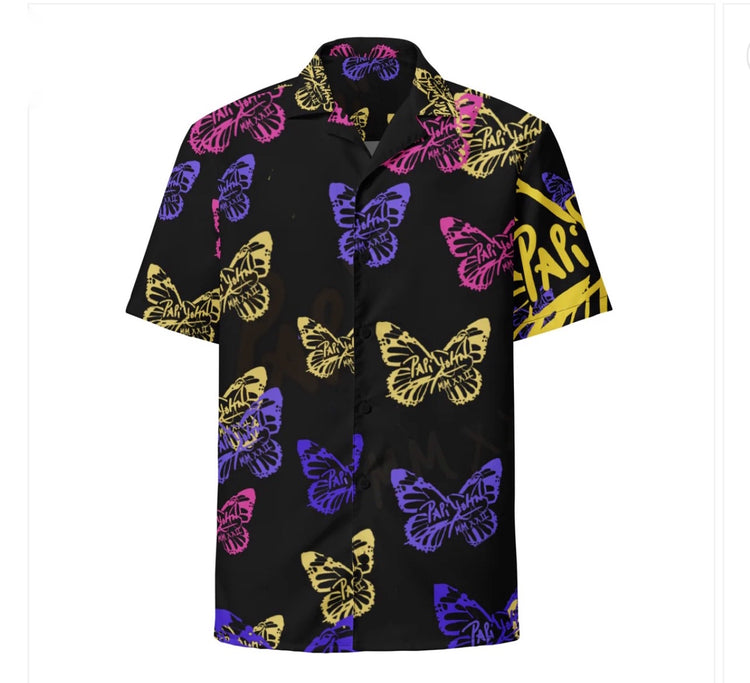 camisa surf papijohn streetwear vintage california style fondo negro firma mariposas de colores