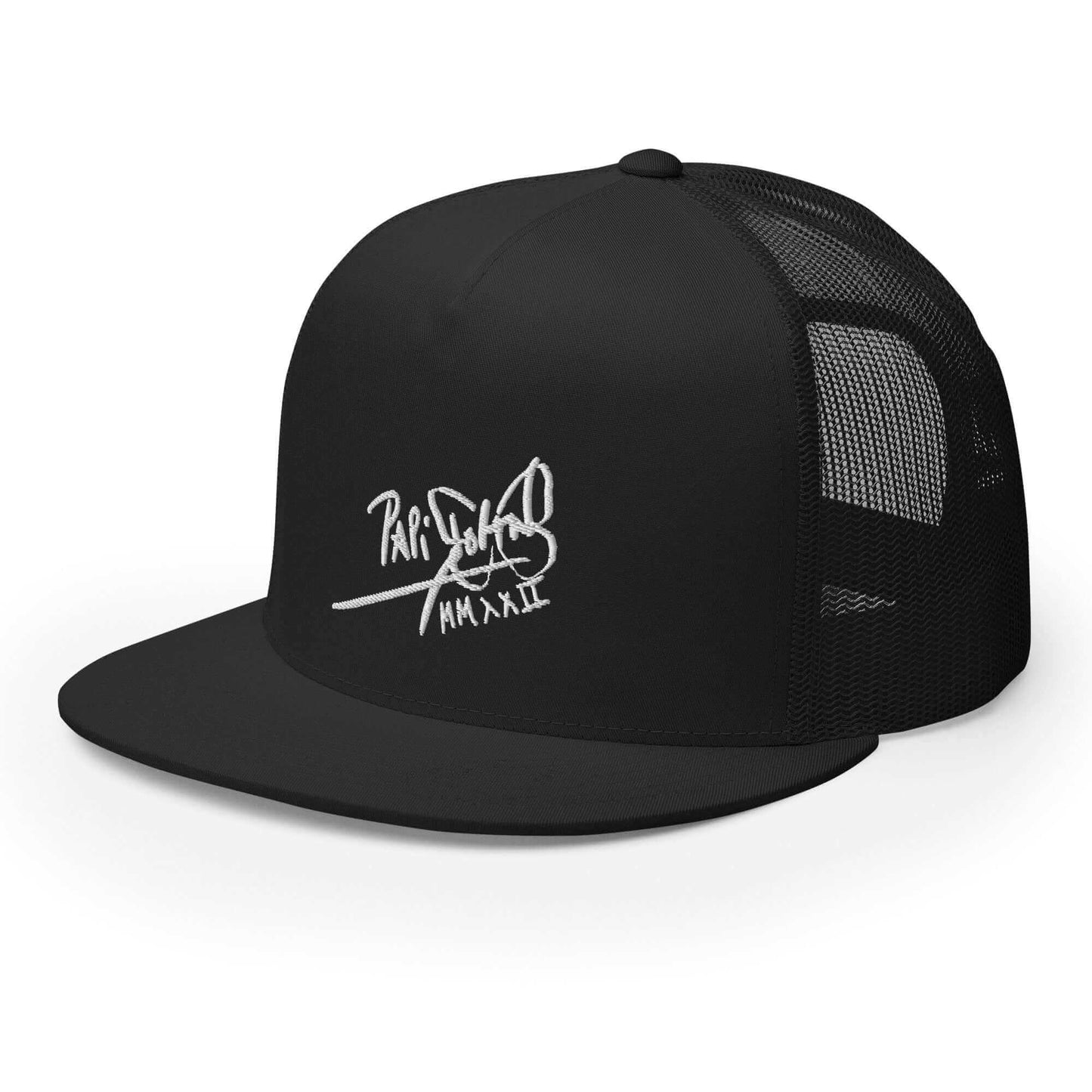 Gorra papijohn tipo trucker Firma bordado en blanco negra medio perfil izquierdo