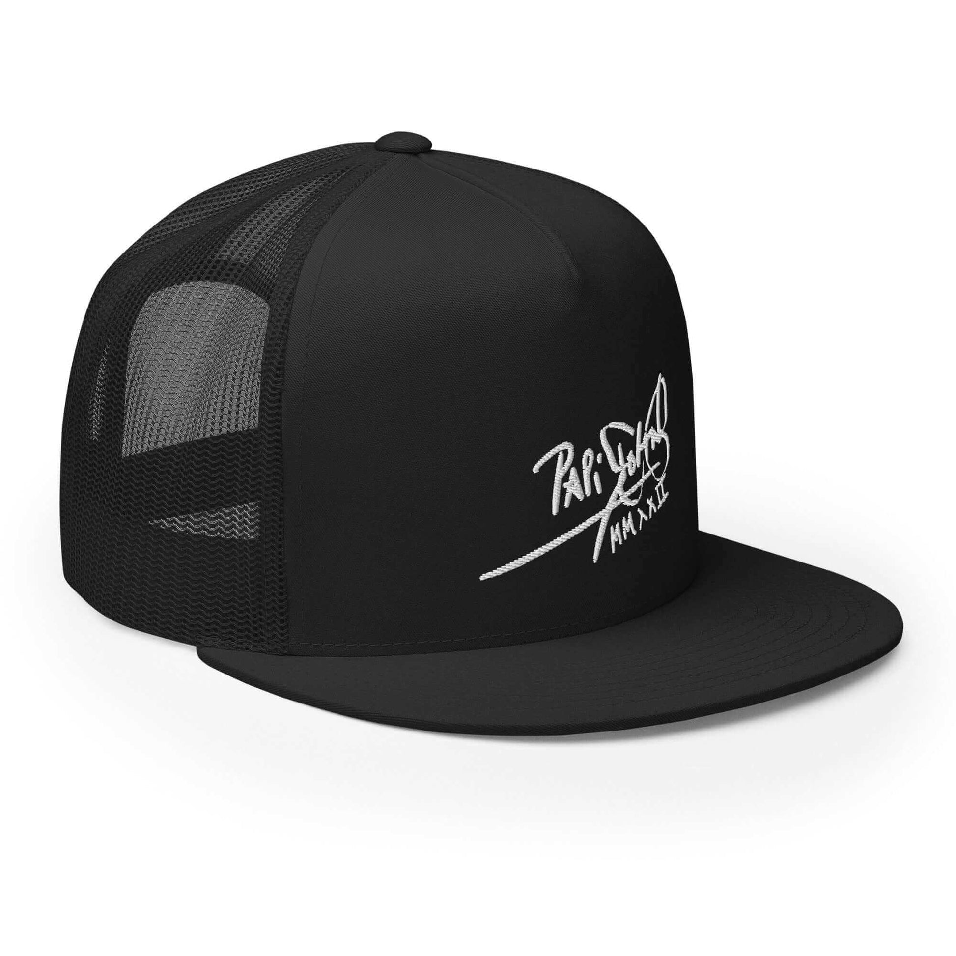 Gorra papijohn tipo trucker Firma bordado en blanco negra medio perfil derecho