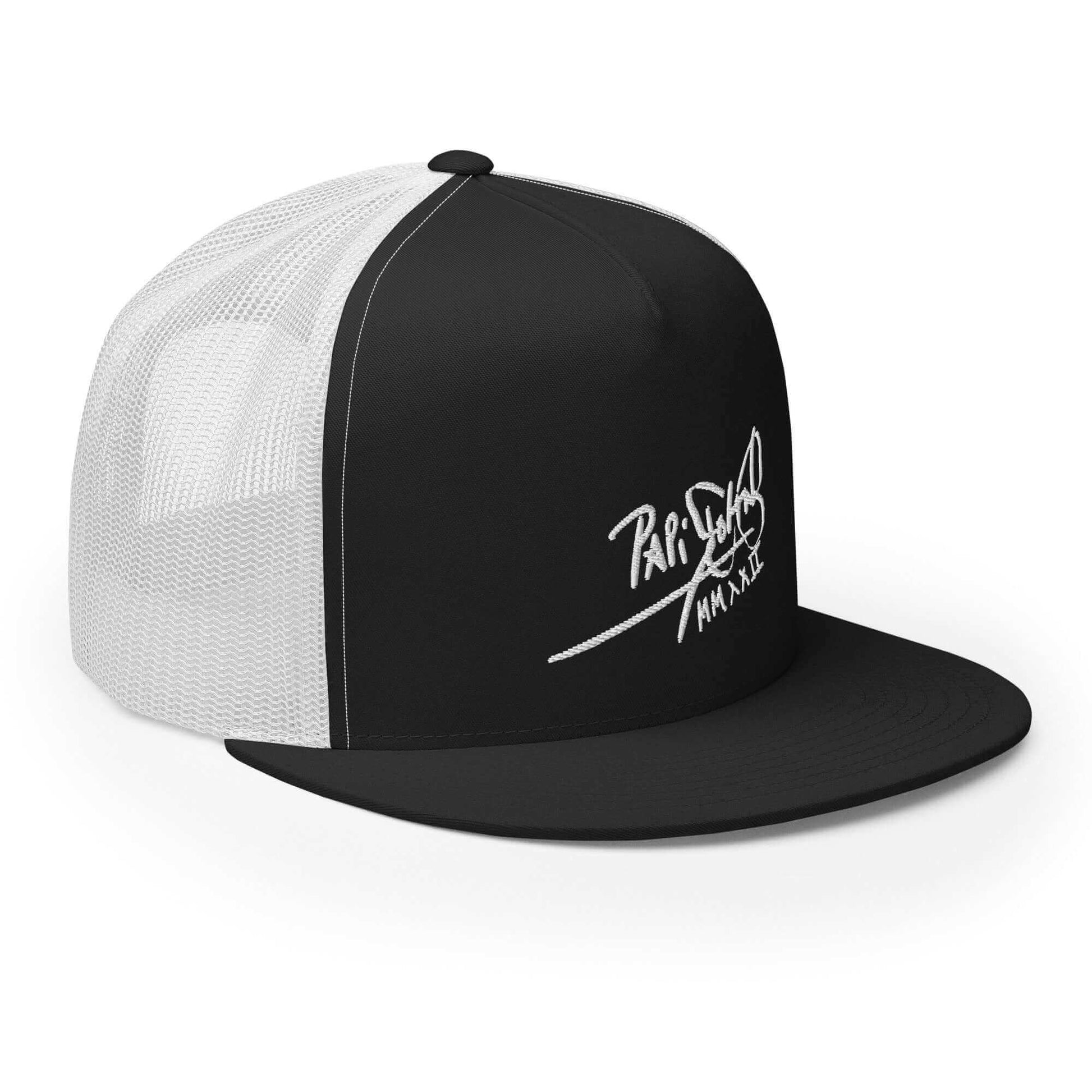 Gorra papijohn tipo trucker Firma bordado en blanco perfil derecho blanca y negra