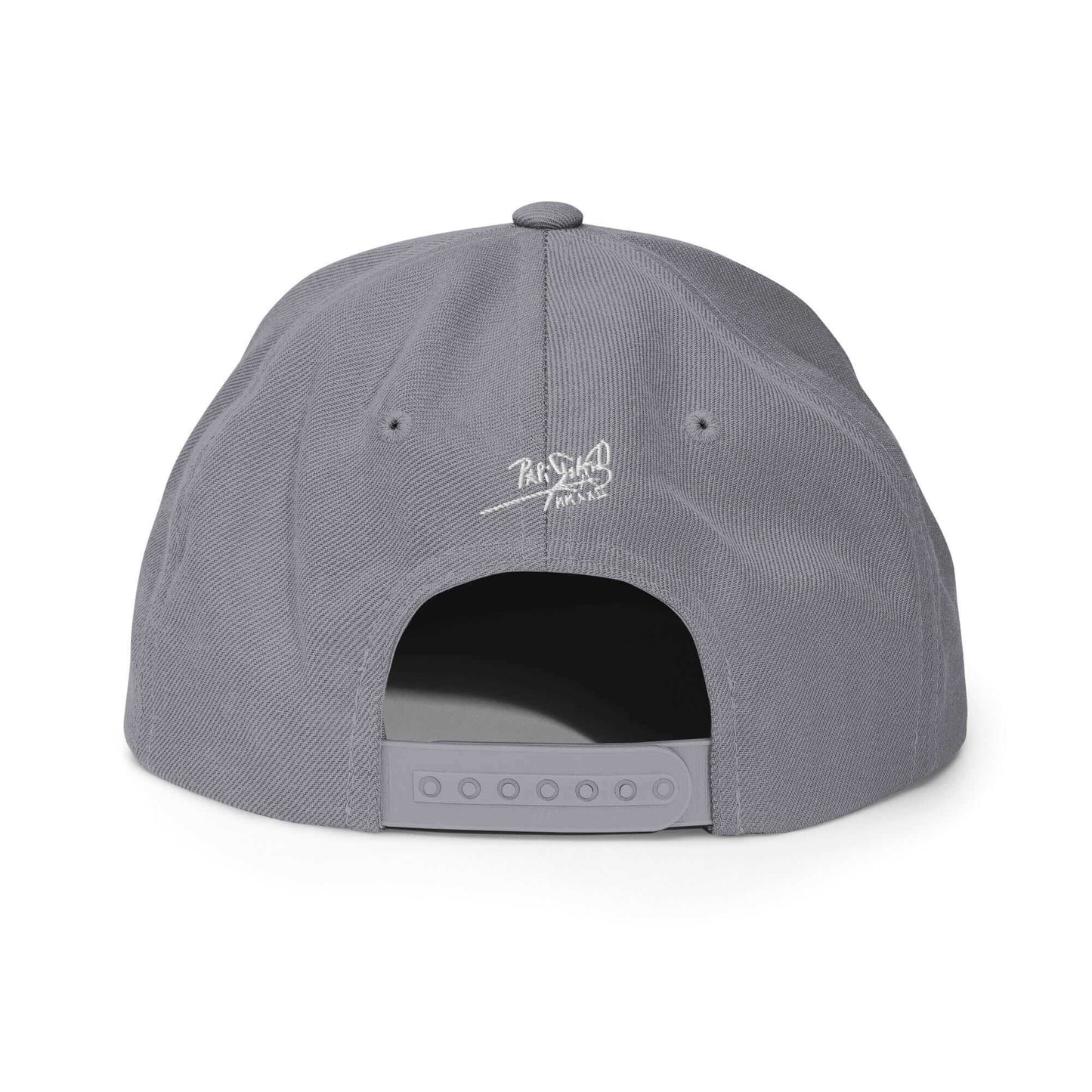 PapiJohn® The Flamenco 3D Signature Snapback in metallic silver back perspective highlighting the premium panel lines and custom retro adjustable sizing mechanism | Artist-Led Streetwear