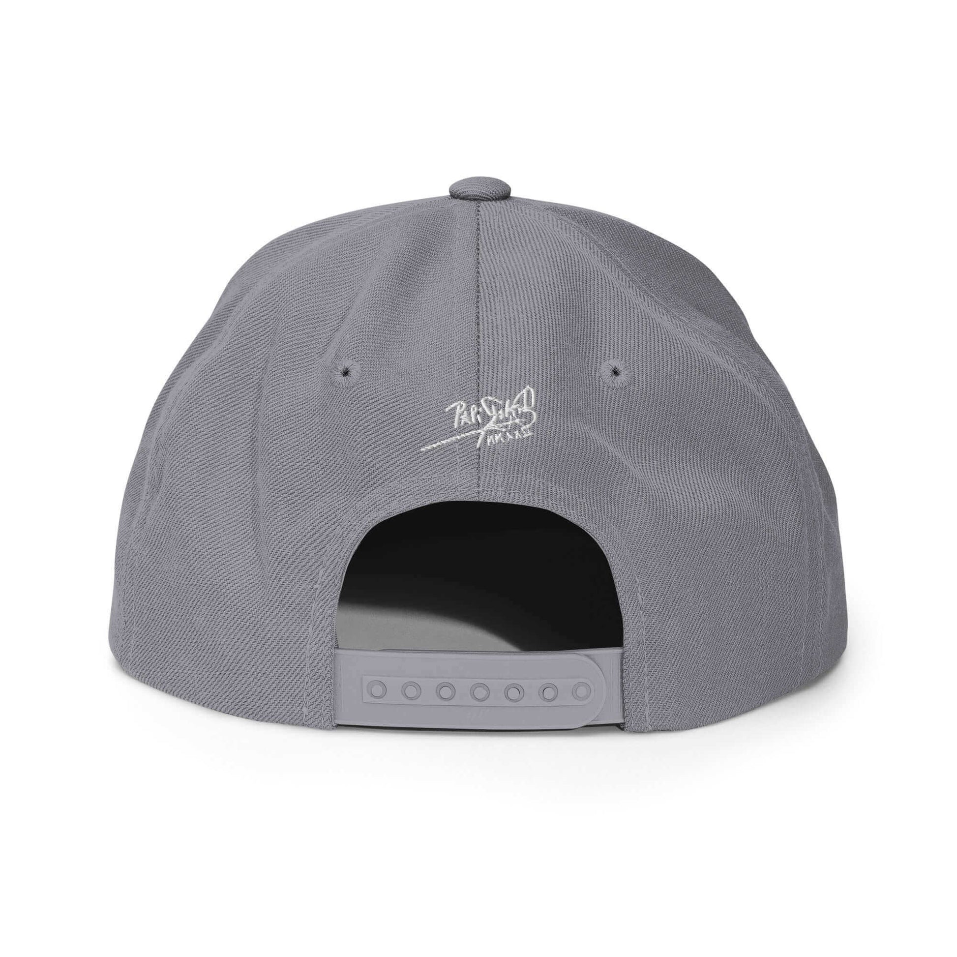 PapiJohn® The Flamenco 3D Signature Snapback in metallic silver back perspective highlighting the premium panel lines and custom retro adjustable sizing mechanism | Artist-Led Streetwear