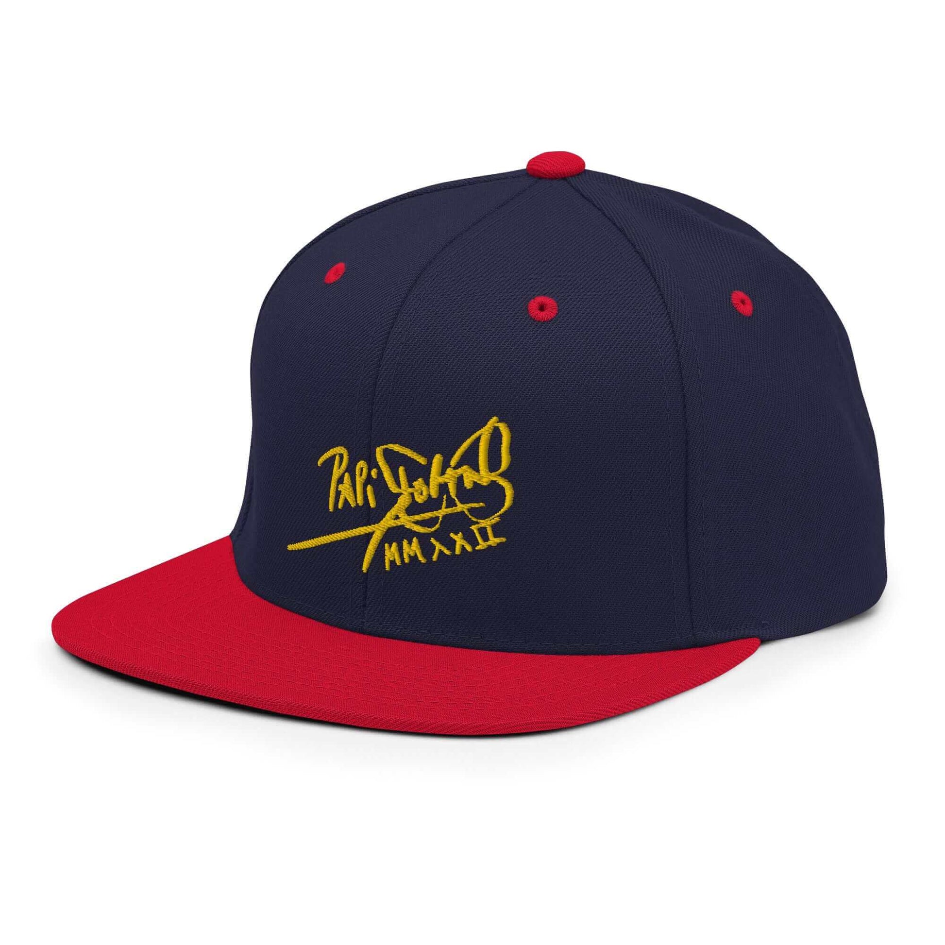 gorra firma oro papijohn azul visera roja perfil izquierdo