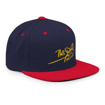 gorra firma oro papijohn azul visera roja perfil derecho