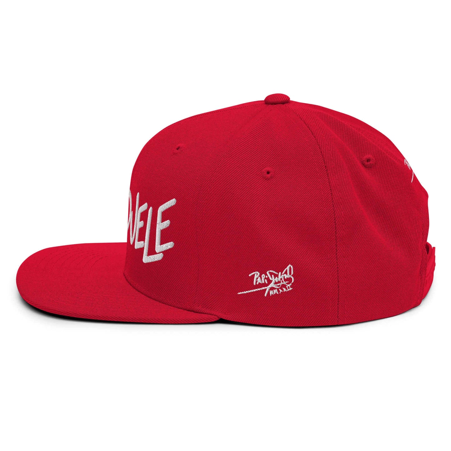 gorra papijohn snapback bordado firma blanco lateral roja