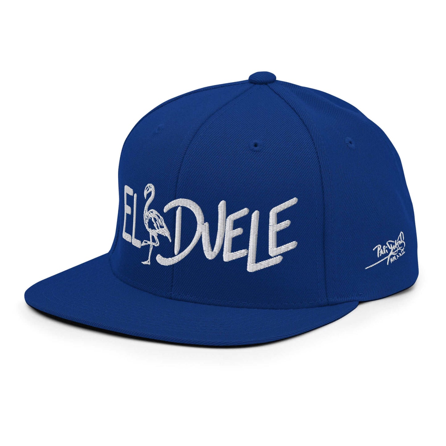 gorra papijohn snapback bordado El Flamenco Duele blanco azul perfil izquierdo