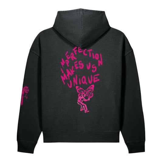 Back view of the high-end PapiJohn® Core Graffiti: The Pink Revolt premium streetwear hoodie in Garment Dyed Black Rock, showcasing a massive pink graffiti strike reading "IMPERFECTION MAKES US UNIQUE" and an Old School NY writer illustrating a pink PapiJohn® butterfly.