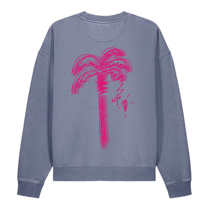 Back view of the high-end Pink Palm $arah Free premium streetwear t-shirt in Dyed Blue Grey, showcasing an imposing, oversized fuchsia palm tree drawn with a manual double-stroke effect across the luxury canvas.