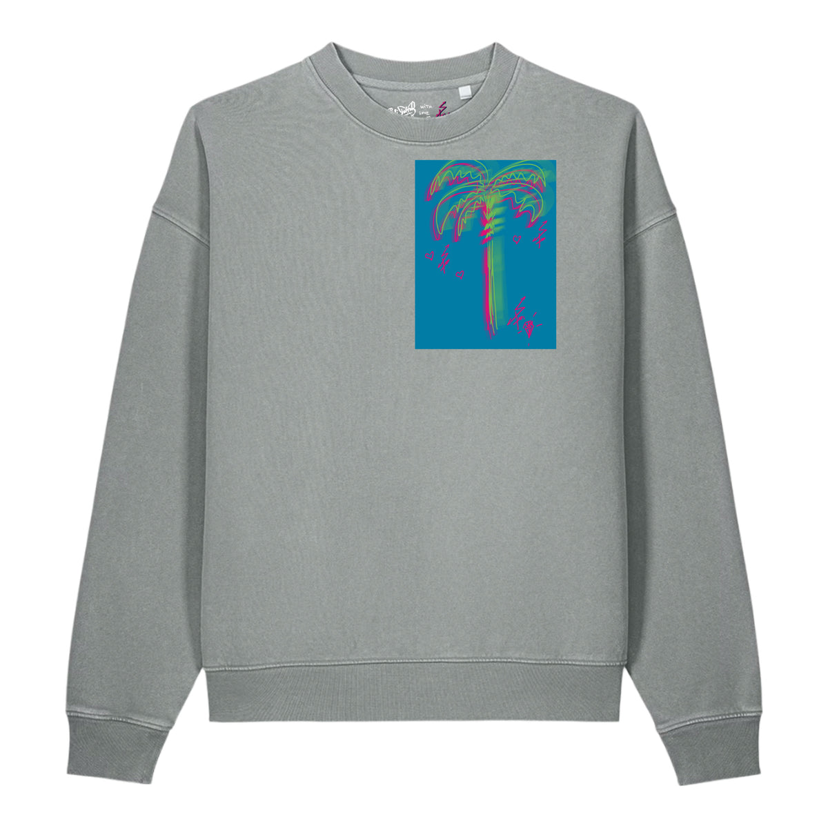 Front view of the high-end Miami Box Palm $arah Free luxury heavyweight t-shirt, featuring a compact fuchsia and neon green hand-sketched palm inside a bold Miami Blue box on a premium garment-dyed vintage canvas.