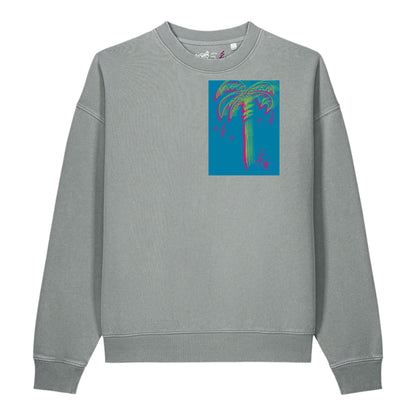 Front view of the high-end Miami Box Palm $arah Free luxury heavyweight t-shirt, featuring a compact fuchsia and neon green hand-sketched palm inside a bold Miami Blue box on a premium garment-dyed vintage canvas.