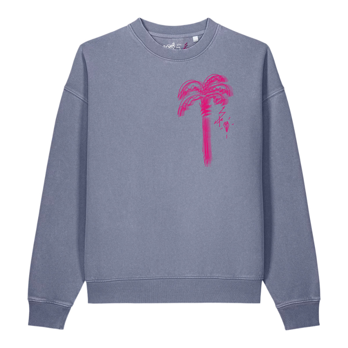 Front view of the high-end Pink Palm $arah Free luxury heavyweight t-shirt in Dyed Blue Grey, featuring a compact, hand-sketched fuchsia palm tree with a double-stroke effect on a premium vintage canvas.