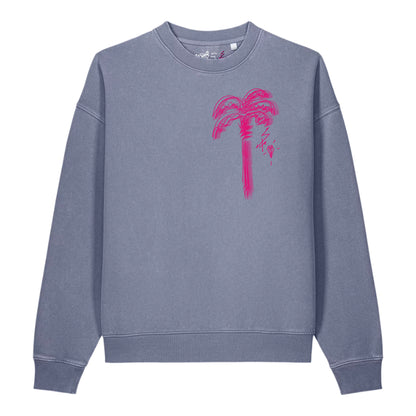 Front view of the high-end Pink Palm $arah Free luxury heavyweight t-shirt in Dyed Blue Grey, featuring a compact, hand-sketched fuchsia palm tree with a double-stroke effect on a premium vintage canvas.