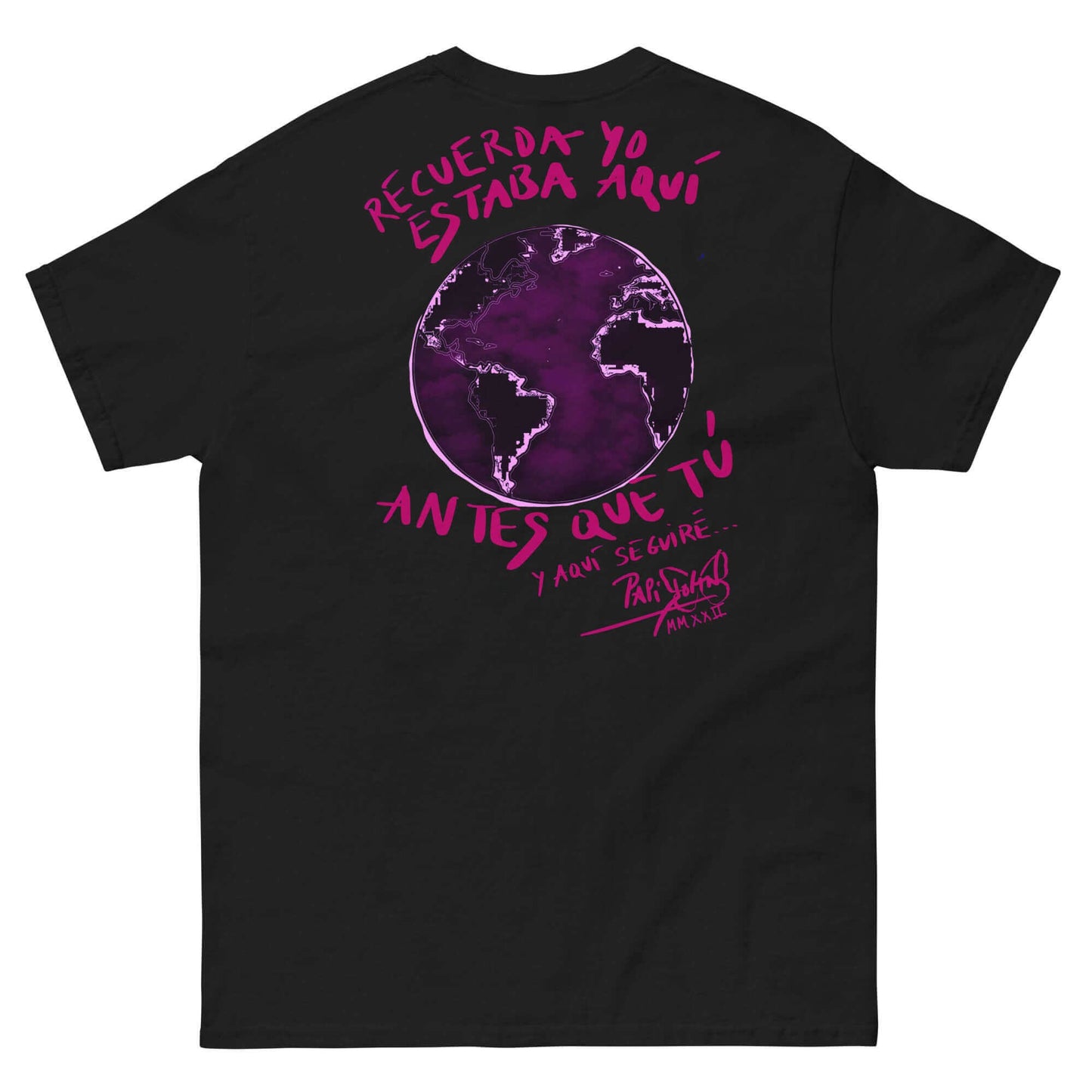 camiseta graffiiti respeto a la tierra rosa y morado negra firma papijohn