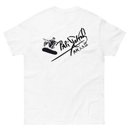 Camiseta blanca de espaldas firma skate papijohn
