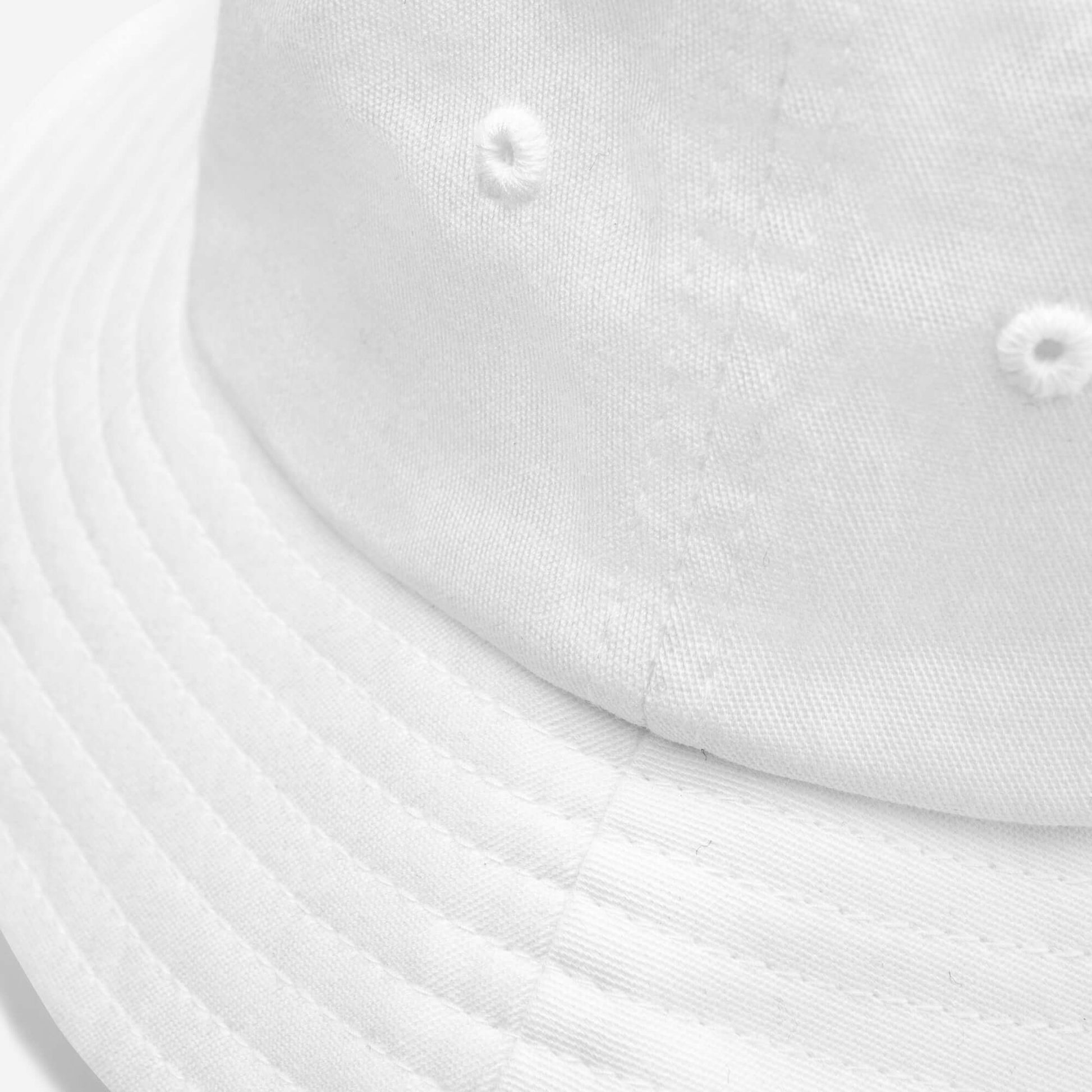 PapiJohn® Macro technical close-up focusing on the concentric parallel reinforcing brim stitch lines and clean fabric panel seams of the optic white bucket hat structure by $arah Free 💎 | High-Tier Archive