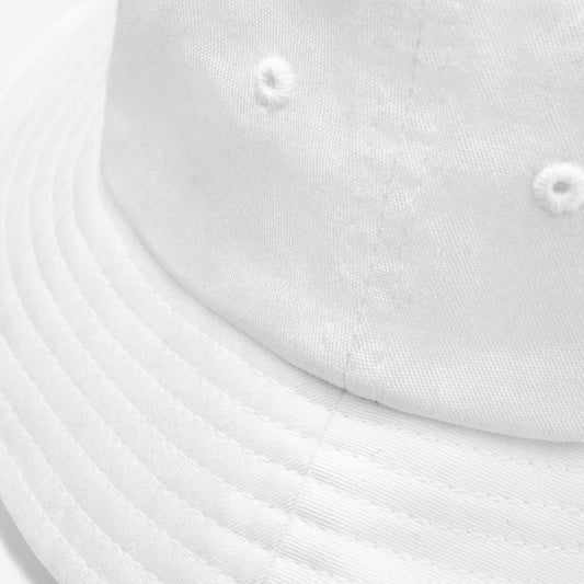 PapiJohn® Macro technical close-up focusing on the concentric parallel reinforcing brim stitch lines and clean fabric panel seams of the optic white bucket hat structure by $arah Free 💎 | High-Tier Archive