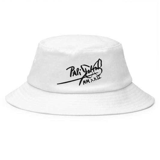 PapiJohn® The 80s Classic White Signature Bucket hat front layout displaying the pristine optic white cotton canvas contrasted by our custom black calligraphic signature embroidered in rich high-density thread | Sala 1 Wearable Art Fashion