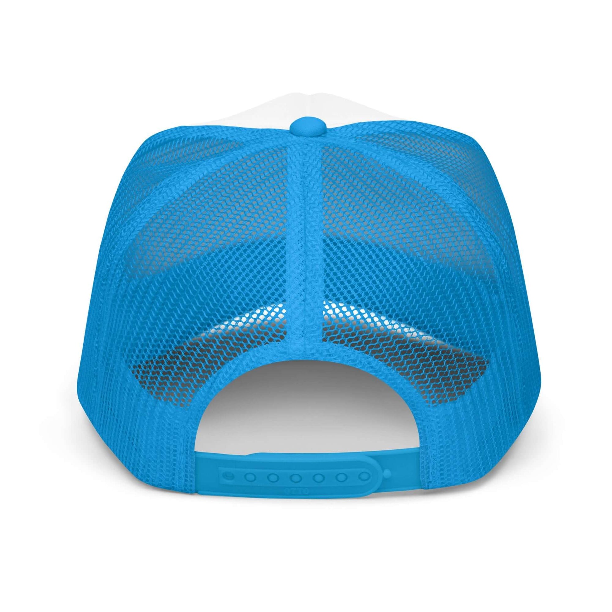 PapiJohn® The Art My Way Signature Trucker premium headwear back view showcasing the sky blue adjustable plastic snapback closure layout and matching breathable mesh paneling by $arah Free 💎 | Streetwear d'Auteur