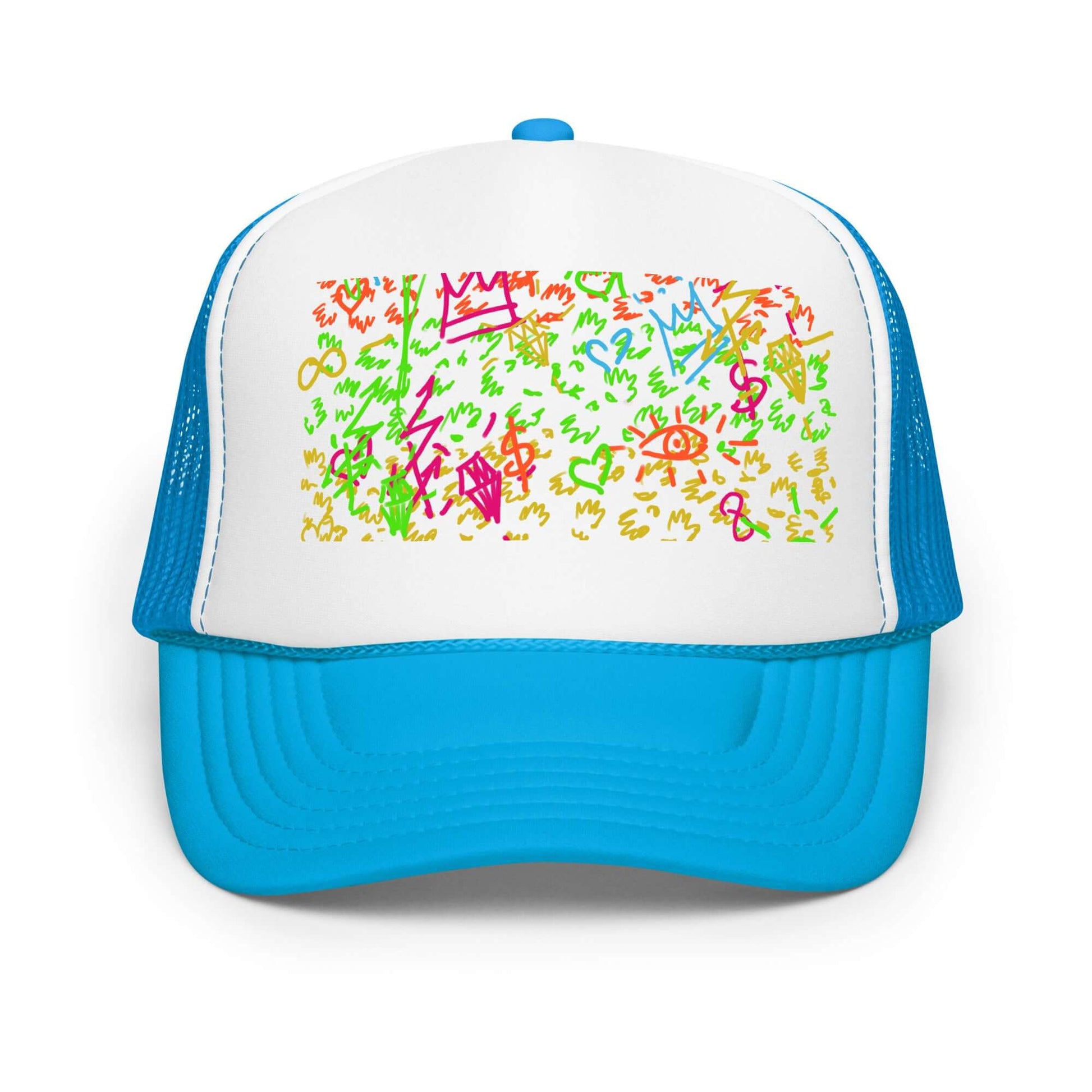 PapiJohn® The Art My Way Signature Trucker premium headwear front view displaying the hand-drawn neon multicolor animal print canvas layout with crowns, diamonds, and eyes on a white foam panel by $arah Free 💎 | Artist-Driven Streetwear