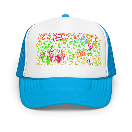 PapiJohn® The Art My Way Signature Trucker premium headwear front view displaying the hand-drawn neon multicolor animal print canvas layout with crowns, diamonds, and eyes on a white foam panel by $arah Free 💎 | Artist-Driven Streetwear