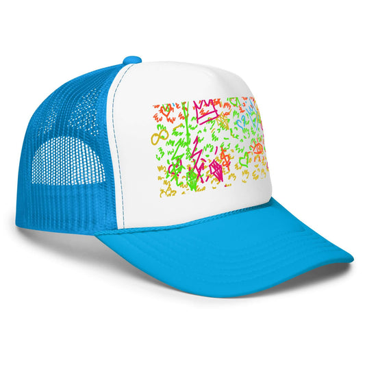 PapiJohn® The Art My Way Signature Trucker premium headwear right side profile focusing on the vibrant color contrast between the white multi-icon printed crown and the sky blue visor brim by $arah Free 💎 | Artist-Driven Streetwear