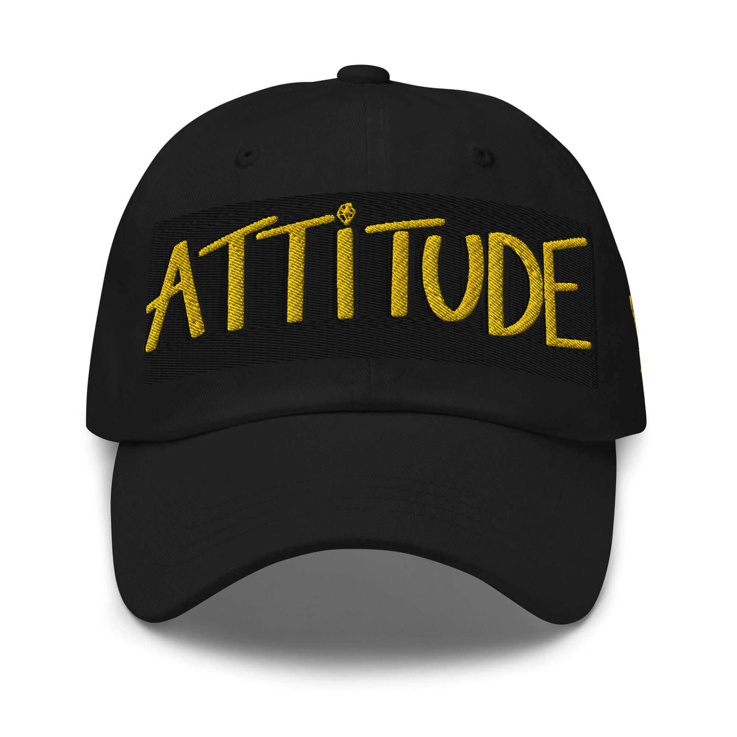 PapiJohn® The Attitude Gold & Black Rinnascimiento Crown structural canvas front view displaying the custom heavy gold thread typography embroidered over a solid black box layout | Sala 1 Wearable Art Fashion