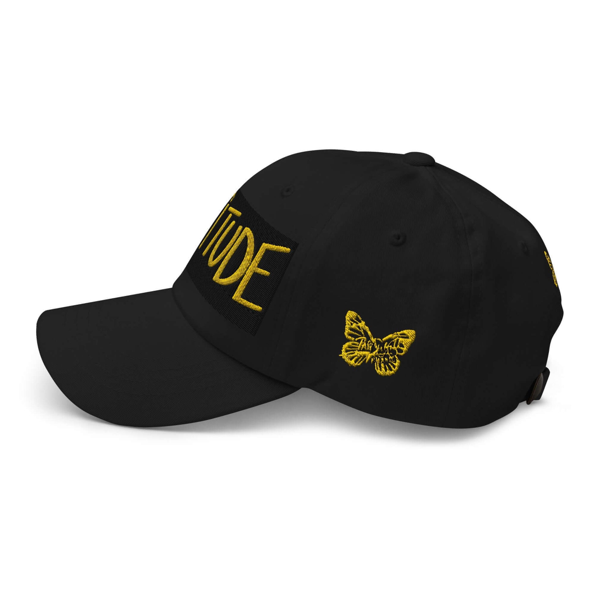 PapiJohn® The Attitude Gold & Black Rinnascimiento Crown ergonomic left side view highlighting the streamlined crown curvature and pristine flat brim edge lines | Streetwear d'Auteur