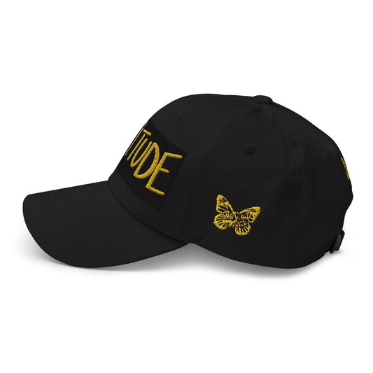 PapiJohn® The Attitude Gold & Black Rinnascimiento Crown ergonomic left side view highlighting the streamlined crown curvature and pristine flat brim edge lines | Streetwear d'Auteur