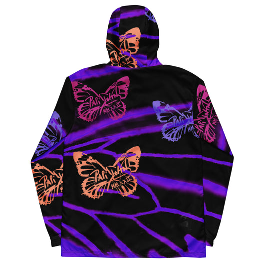 Vista trasera con estampado de autor del windbreaker Attitude Graff Layered Neon de PapiJohn. Wearable art y conscious art apparel de Honest Luxury en Cadifornia.