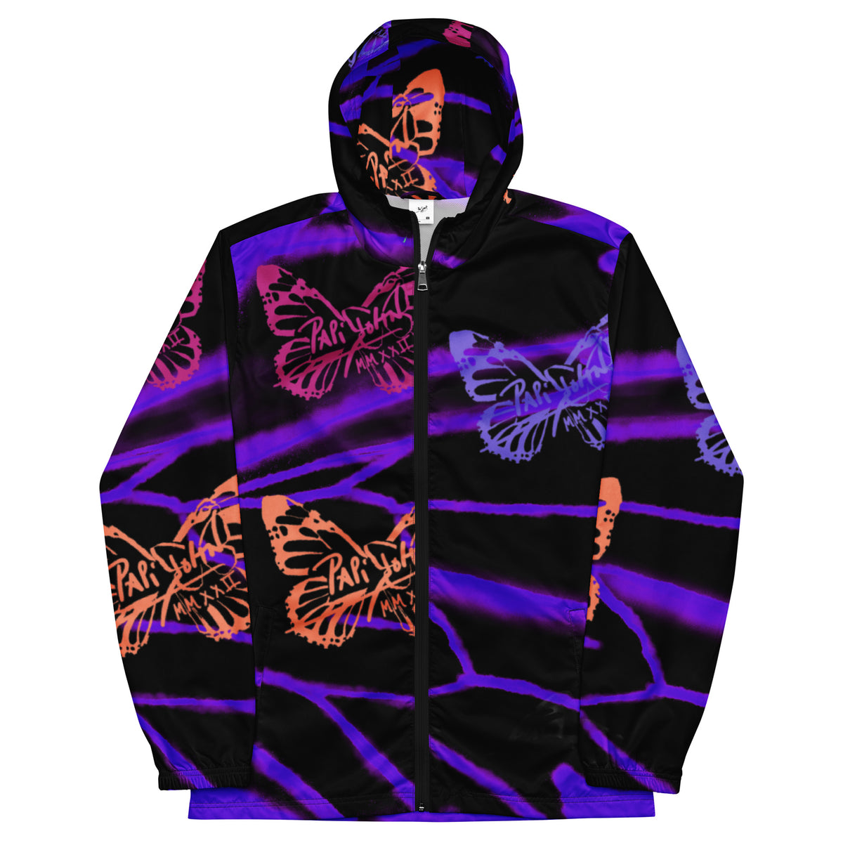 Vista frontal del windbreaker Heavyweight Studio Jacket Attitude Graff Layered Neon de PapiJohn®. Wearable art y conscious art apparel de la colección SALA 3 por $arah Free.