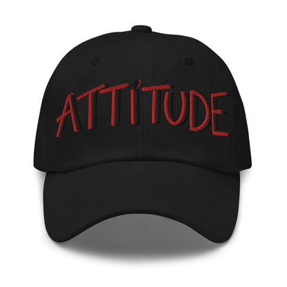 PapiJohn® The Attitude Red Rinnascimiento Cap canvas front view highlighting the striking typography embroidered in heavy vibrant red thread layered with dimensional black shadow lines | Sala 1 Wearable Art Fashion