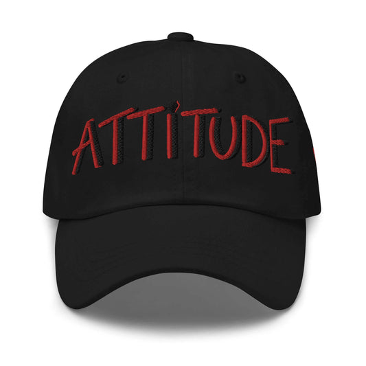 PapiJohn® The Attitude Red Rinnascimiento Cap canvas front view highlighting the striking typography embroidered in heavy vibrant red thread layered with dimensional black shadow lines | Sala 1 Wearable Art Fashion