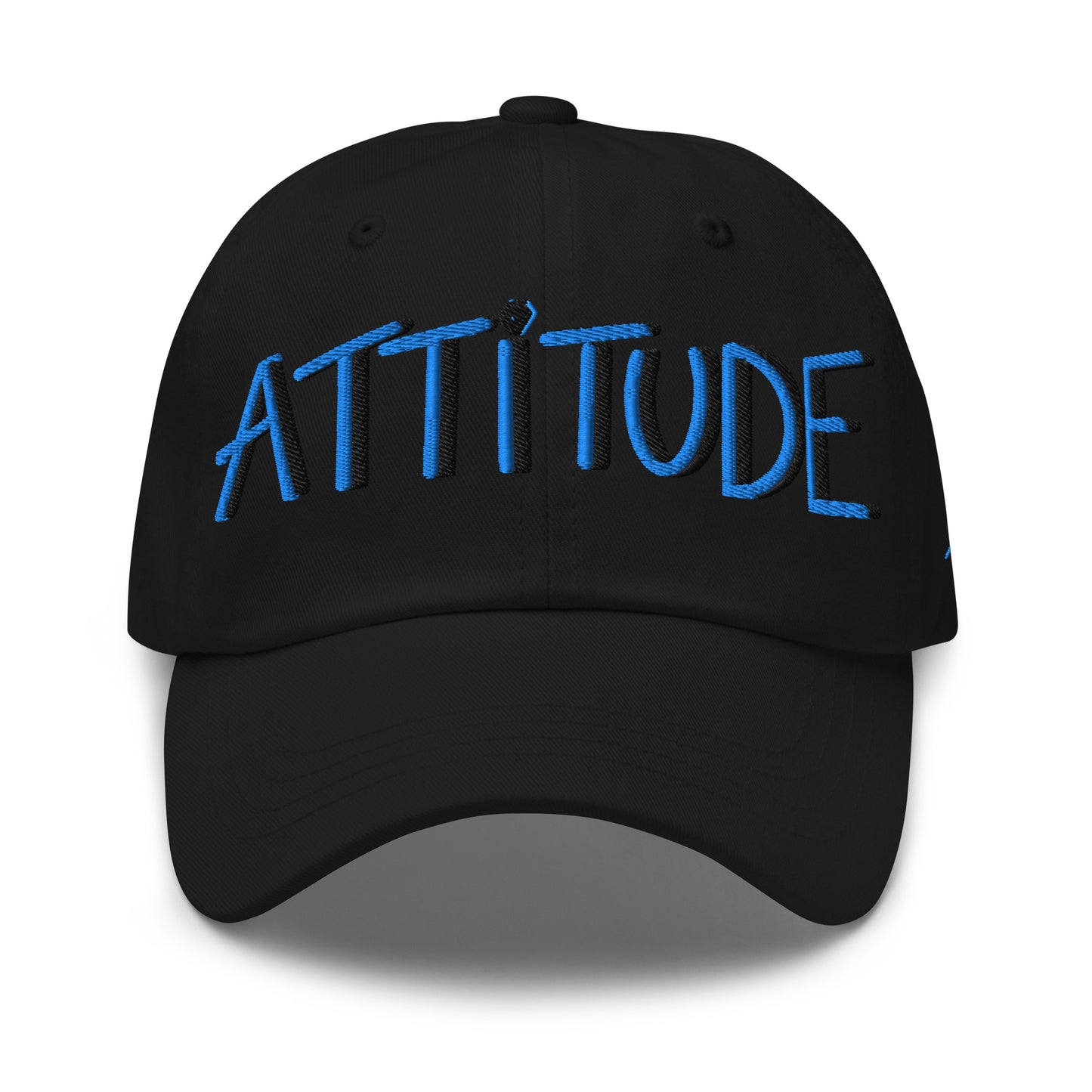 PapiJohn® The Attitude Rinnascimiento Cap Blue Edition visual view highlighting the premium hand-drawn typography embroidered in heavy deep blue thread layered with structured black drop shadows | Sala 1 Wearable Art Fashion
