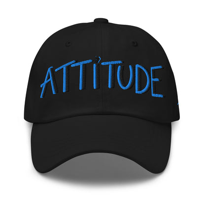 PapiJohn® The Attitude Rinnascimiento Cap Blue Edition visual view highlighting the premium hand-drawn typography embroidered in heavy deep blue thread layered with structured black drop shadows | Sala 1 Wearable Art Fashion