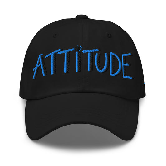 PapiJohn® The Attitude Rinnascimiento Cap Blue Edition visual view highlighting the premium hand-drawn typography embroidered in heavy deep blue thread layered with structured black drop shadows | Sala 1 Wearable Art Fashion